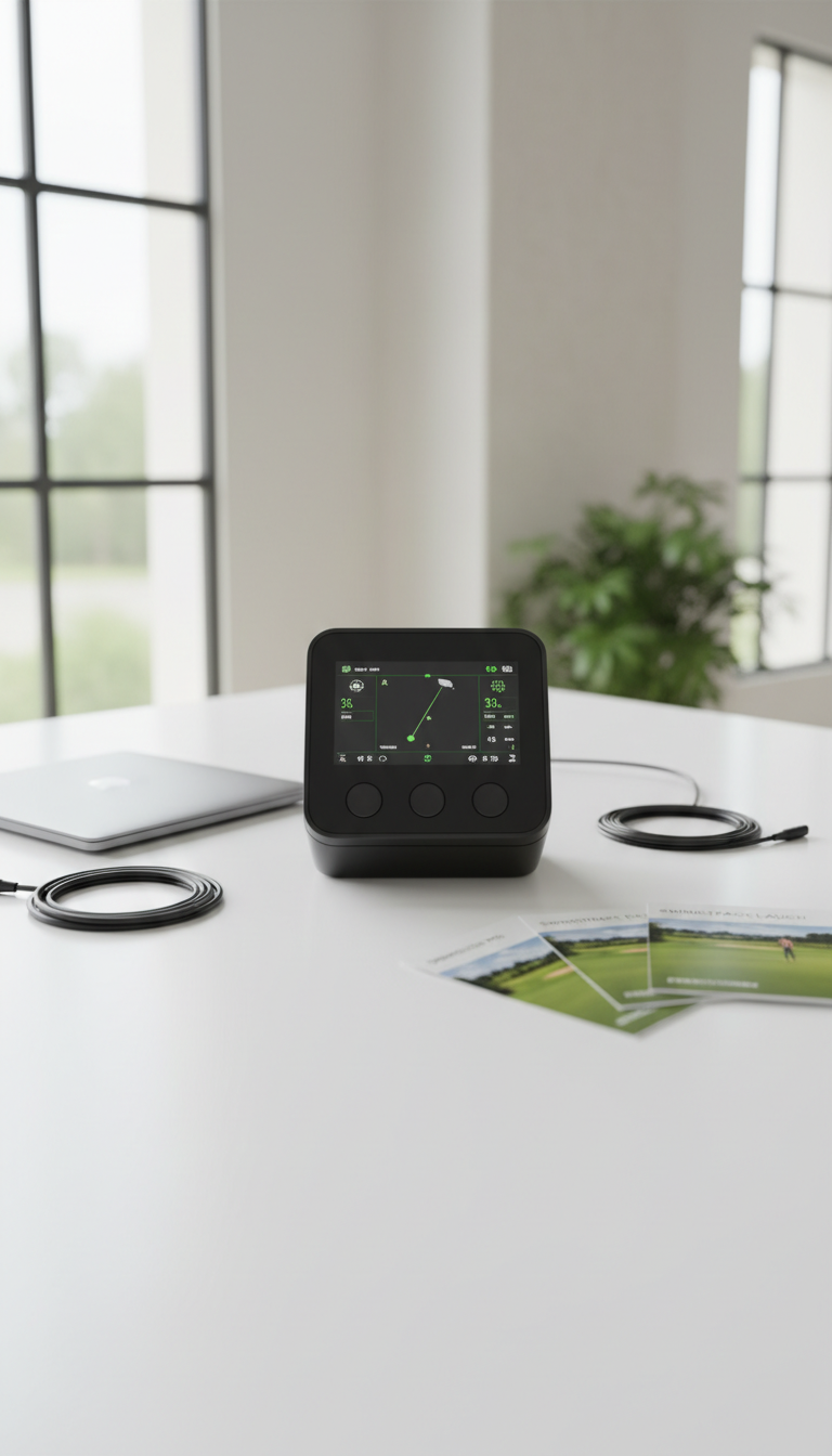 A high-quality, matte black golf simulator launch monitor with a crisp digital display, smooth edges, and rubberized buttons sits centrally atop a clean white desk. Around it, neatly coiled cables, a closed laptop, and a few printed product brochures are arranged in a structured, magazine-ready fashion. Soft, diffused daylight pours in from a nearby window, producing subtle highlights on the device’s edges and gentle shadows beneath, enhancing depth. The composition uses an eye-level, centered perspective, focusing all attention on the monitor. The atmosphere exudes professionalism and clarity, supporting the site’s corporate aesthetic and clean, photographic realism.