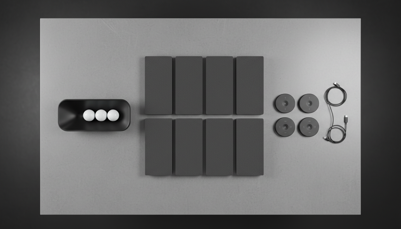 An array of affordable golf simulator accessories—sleek, charcoal foam impact panels, a minimalist matte-black ball tray, and a set of compact, wireless golf sensors—displayed in a tidy, grid-like arrangement on a flawless stone-grey tabletop. The background is softly blurred to keep the eye on the products. Controlled softbox lighting creates gentle highlights and uniform shadows, offering a highly professional, catalog-style image. Shot from directly above in a symmetrical, flat-lay composition, the mood is organized and informational, mirroring a clean and structured business aesthetic.