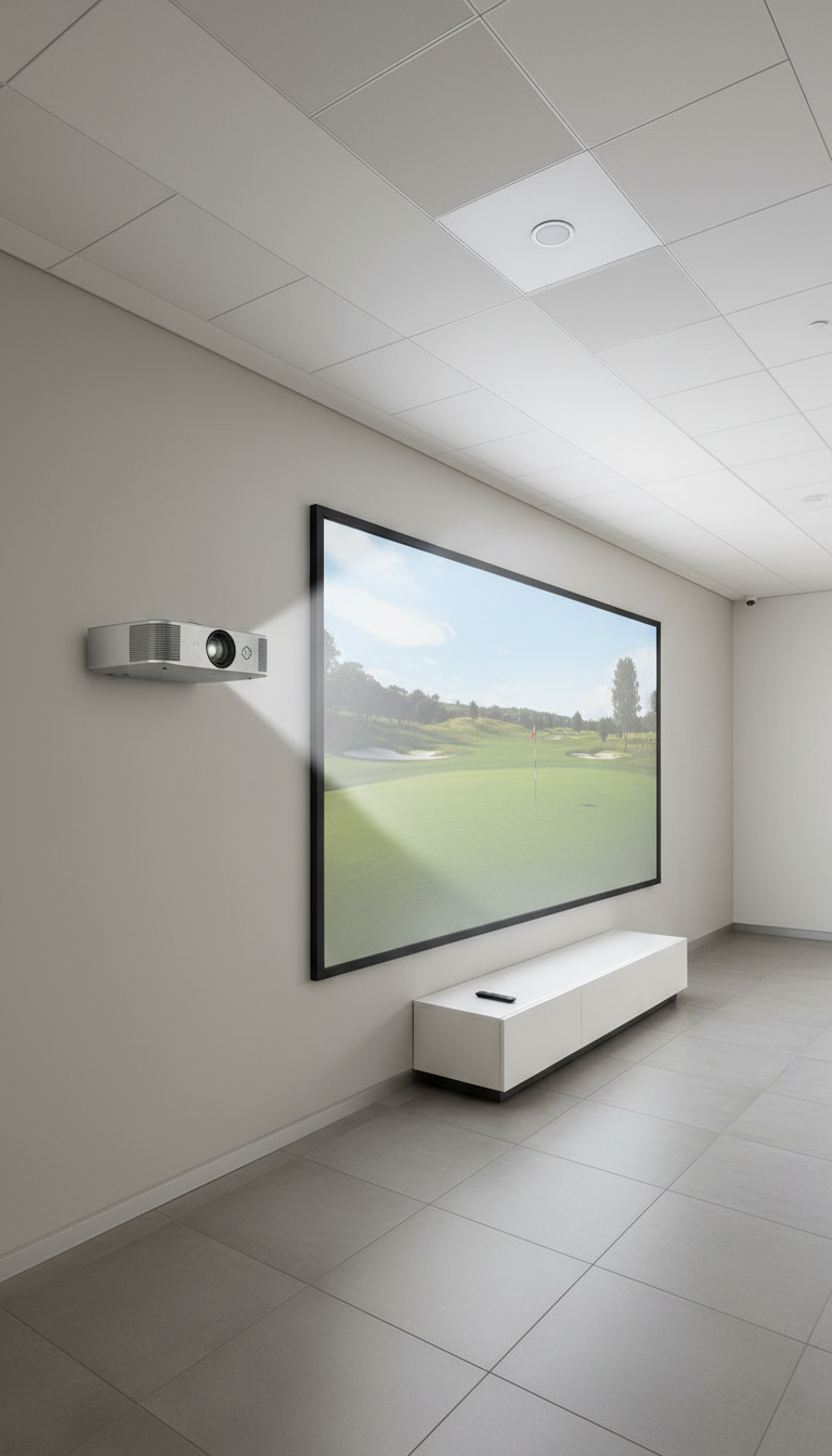 A sophisticated, wall-mounted projector in brushed silver with subtle brand insignia projects a vivid golf course scene onto a seamless, high-gain screen. The setup is in a spacious, uncluttered modern office with smooth neutral-toned walls and a structured ceiling. Clean, shadowless white studio lighting ensures every edge is crisp, with the image projected in sharp relief. The camera angle is wide and at eye-level, utilizing the rule of thirds to subtly highlight both the projector and the immersion of the virtual course. The mood is polished and innovative, aligning with the site’s authoritative and business-driven personality.